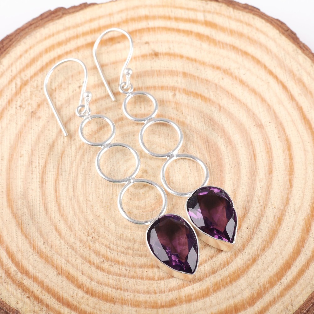 Gift For Her Natural Amethyst Drop/Dangle Vintage Earrings 925 Silver