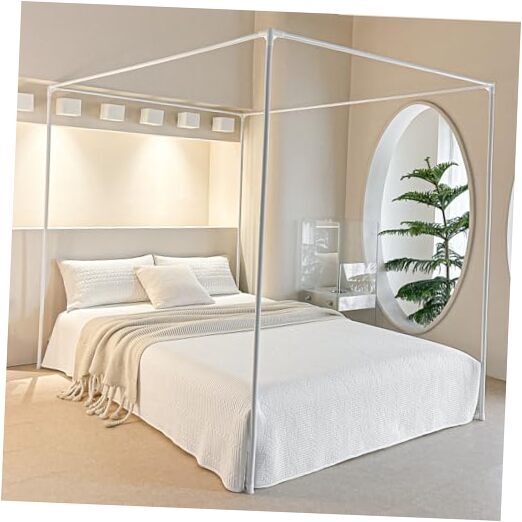AIKASY Premium Canopy Bed Frame Posts for Size Beds - Sturdy Metal Queen White