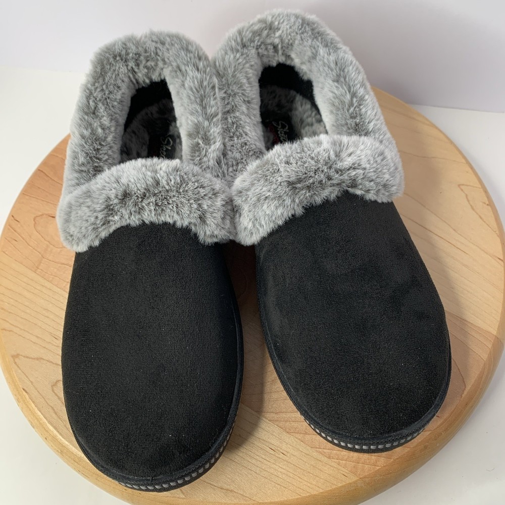SKECHERS Womens Size 8.5 Cozy Campfire Slipper Black/Grey Memory Foam Faux Fur