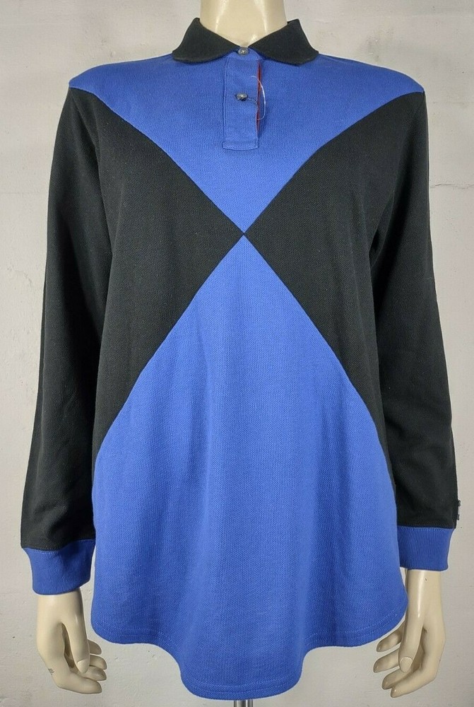 NWT Tommy Hilfiger black blue color block long sleeve polo shirt ladies Medium