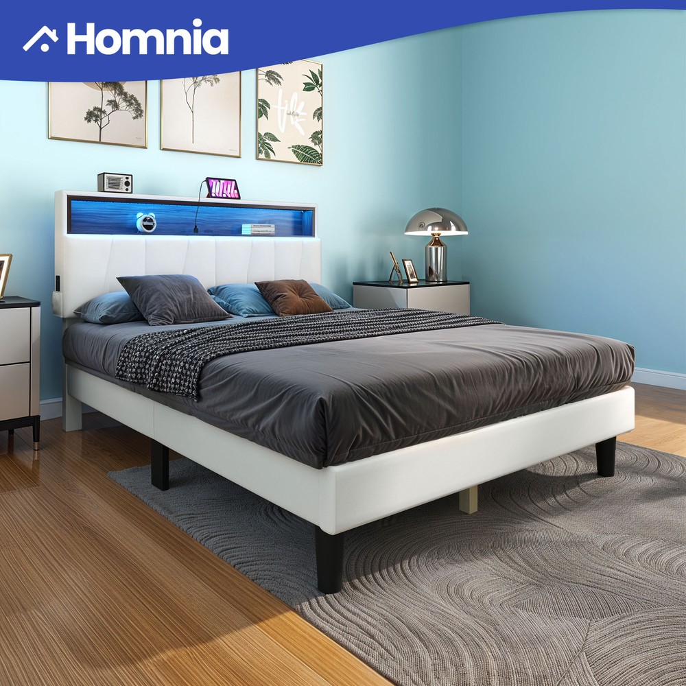 Full Size Upholstered Bed Frame with Storage LED Lights and Power Outlets  