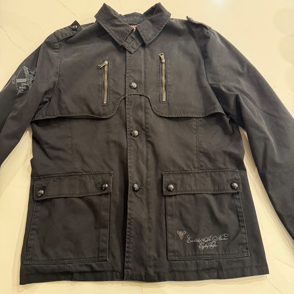 Guess Jeans Mens Black Military Field Jacket Zip Button Utility Coat L
