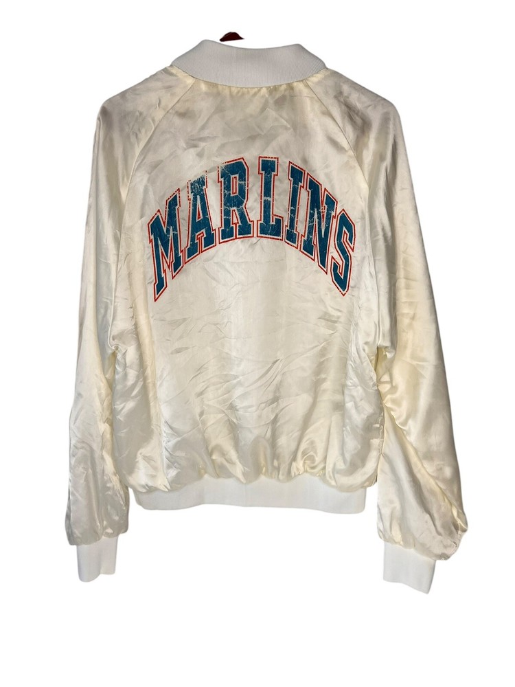 Vintage 90s Chalk Line MLB Florida Marlins Cream White Bomber Satin USA Jacket L