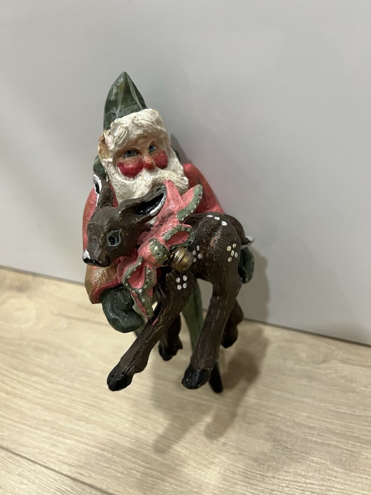 1989 House of Hatten Enchanted Forest Santa with Deer Fawn and Bells Ornament