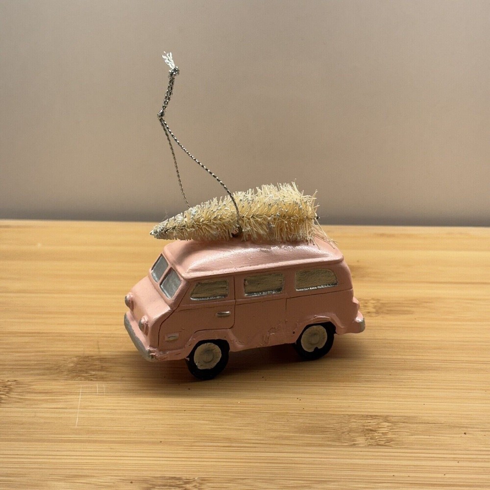Pink Van Bus RV Bottle Brush Christmas Tree Ornament Shabby Chic Vintage Decor