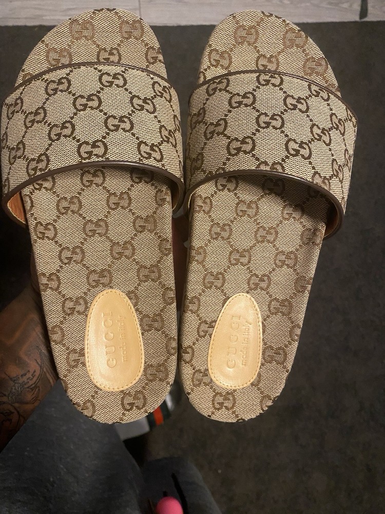 Gucci Men's GG Slide Sandal Beige Canvas, Size 10