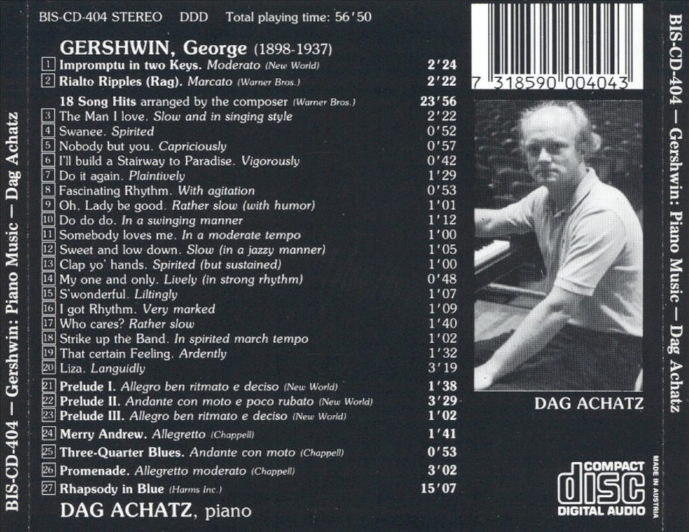 Dag Achatz Plays George Gershwin Complete Piano Works New CD