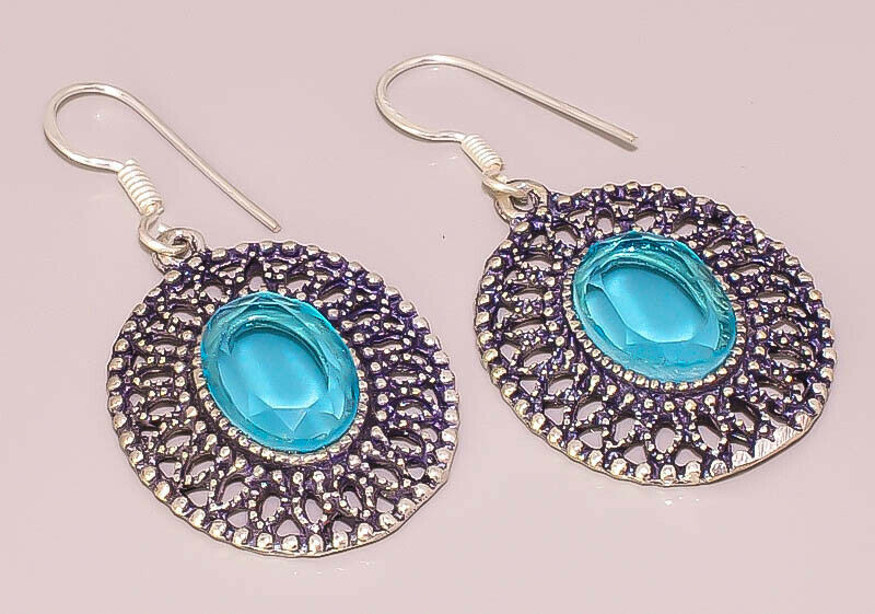 Blue Topaz Faceted Quartz Antique Sterling Silver Plated Earring