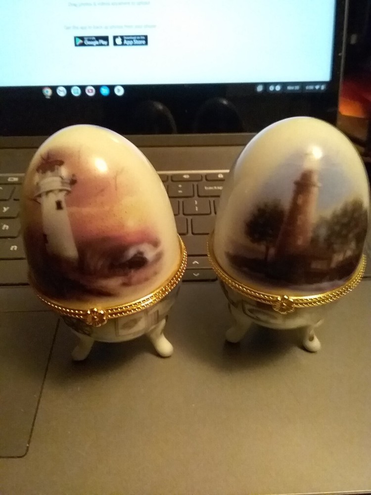 Collectible Ceramic Egg Shaped Trinket Box with Painted  light houses