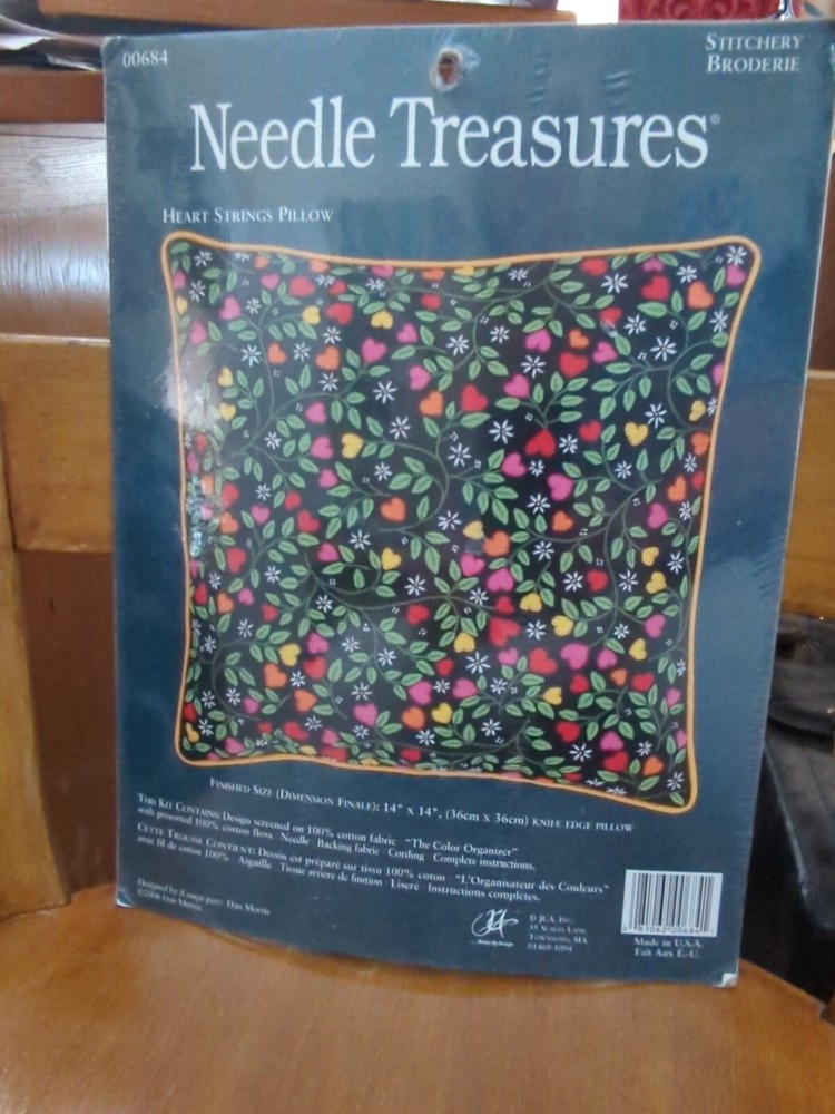 Needle Treasures Heart Strings Pillow Kit Stamped Embroidery on Black Valentine