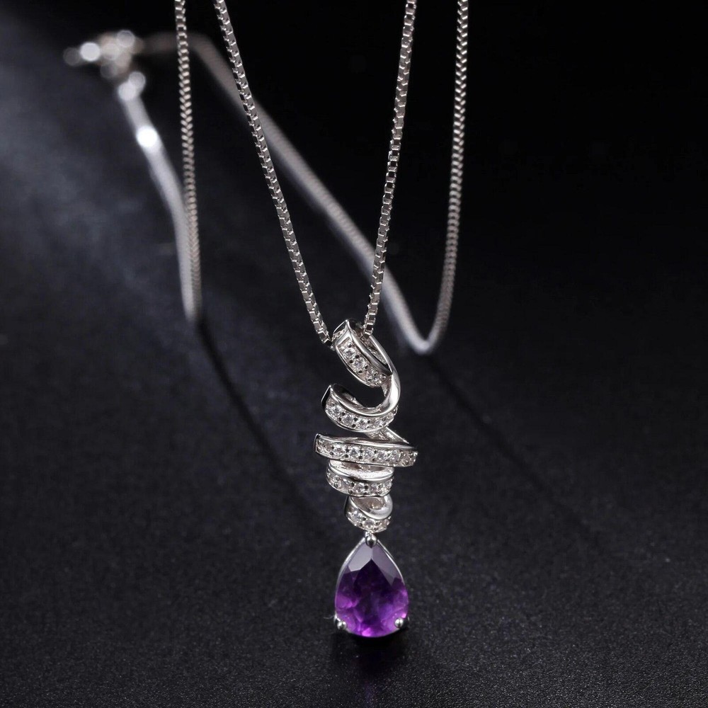 Natural Amethyst Gemstone Necklace 925 Sterling Silver Ribbon Swirl Pendant