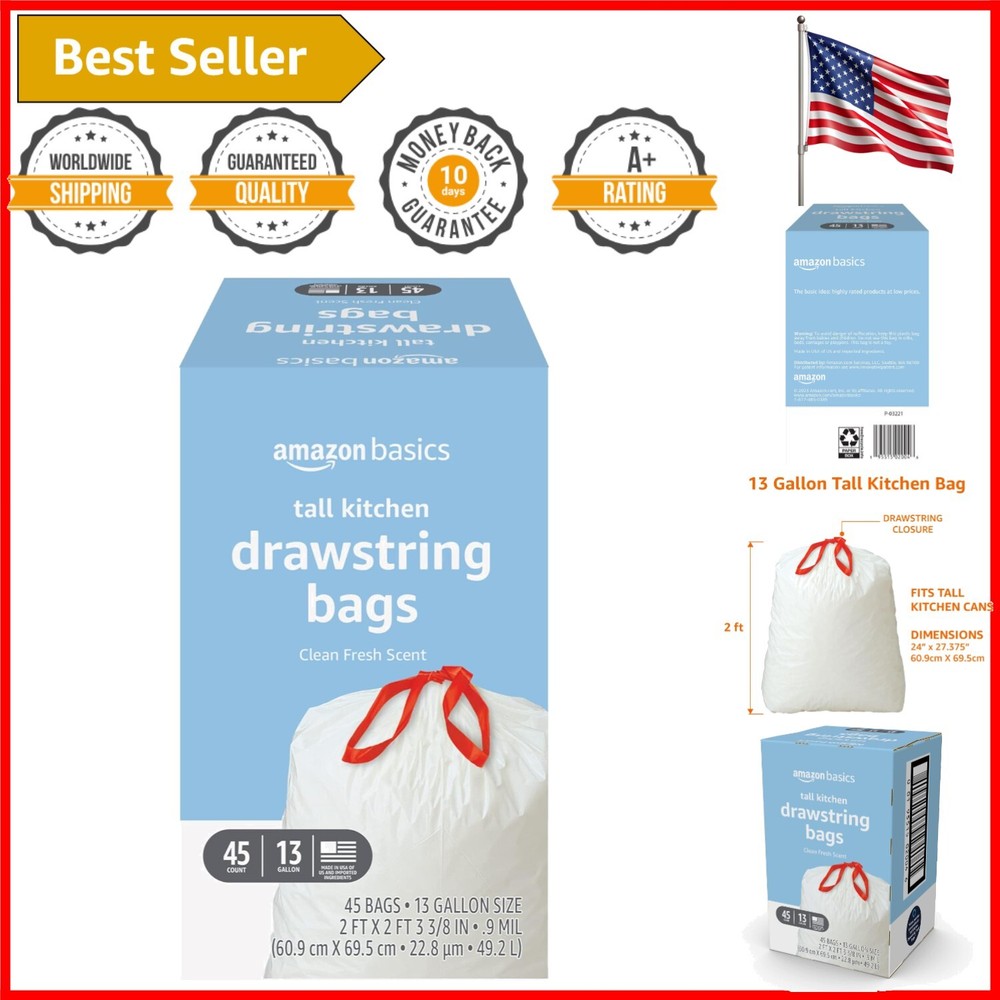 Versatile Fresh-Scented 13 Gallon Kitchen Trash Bags, Pack of 45 - Strong Design