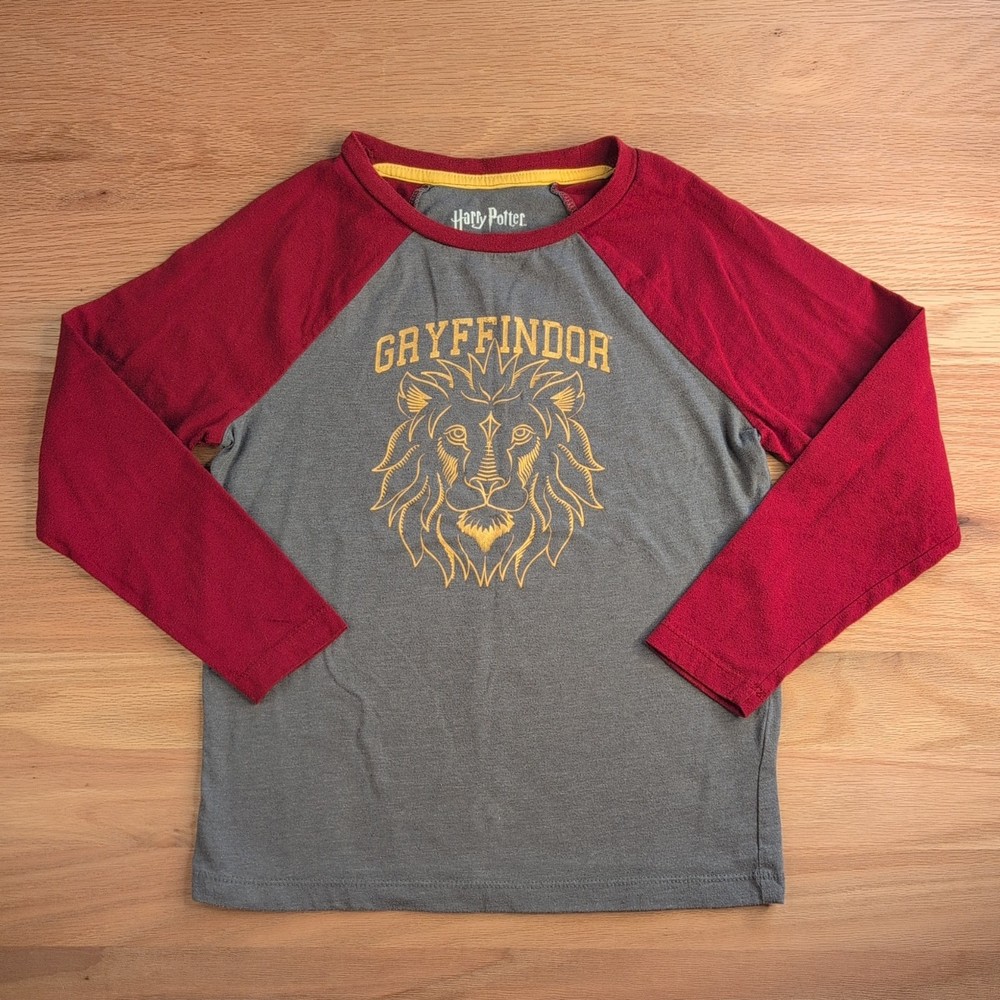 Harry Potter Gryffindor Logo Kids Small Long Sleeve T-shirt Raglan Gray and Red