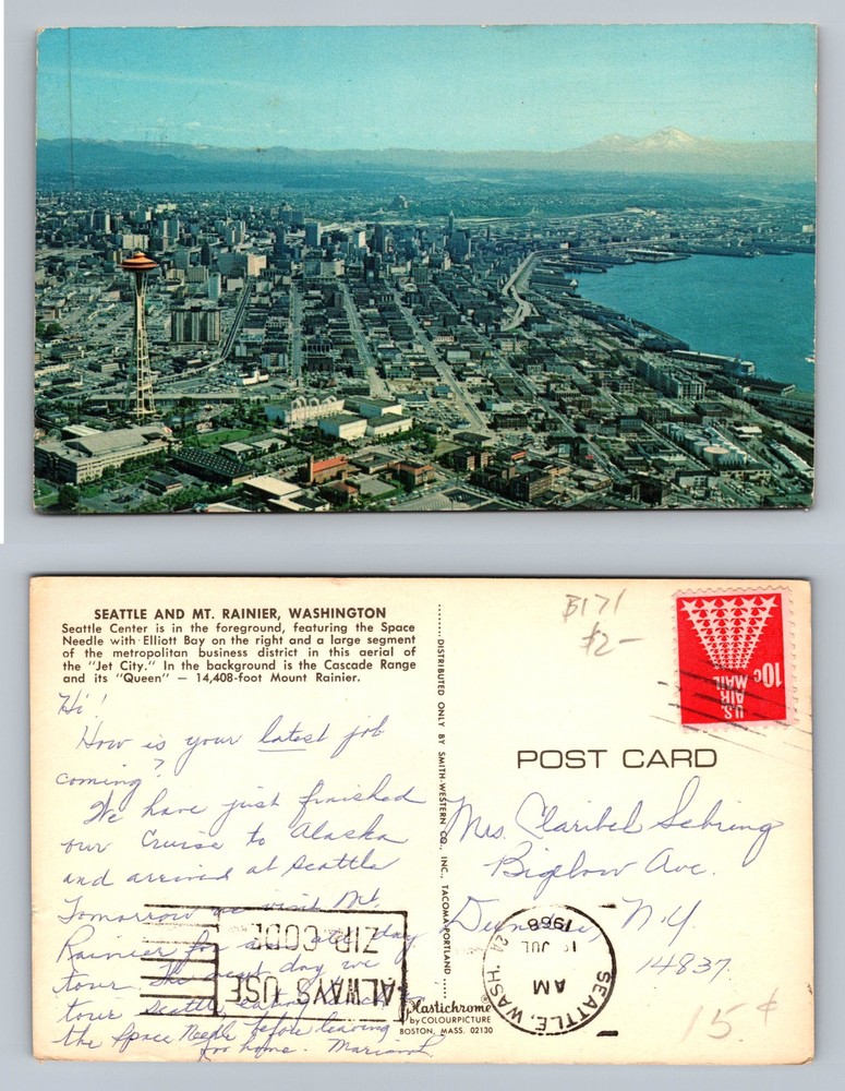 Vintage 1968 Seattle WA Postcard Featuring Mt Rainier and Space Needle