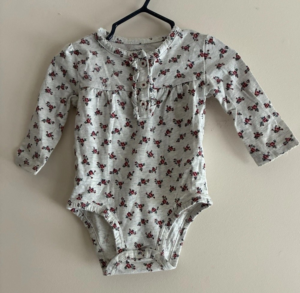 Carters Baby Girl Floral 100% Cotton Henley Long Sleeve Bodysuit Heather Gray 6M