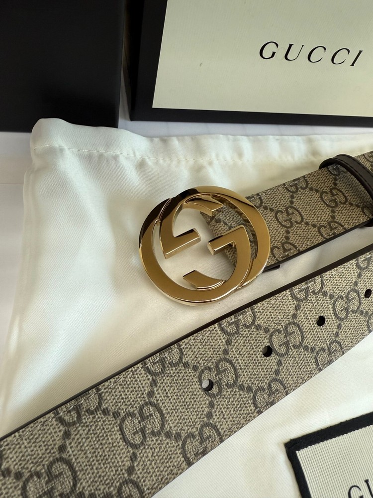 Gucci GG Supreme Brown Leather Belt with Gold Buckle Size 95 for 32/34 Waist