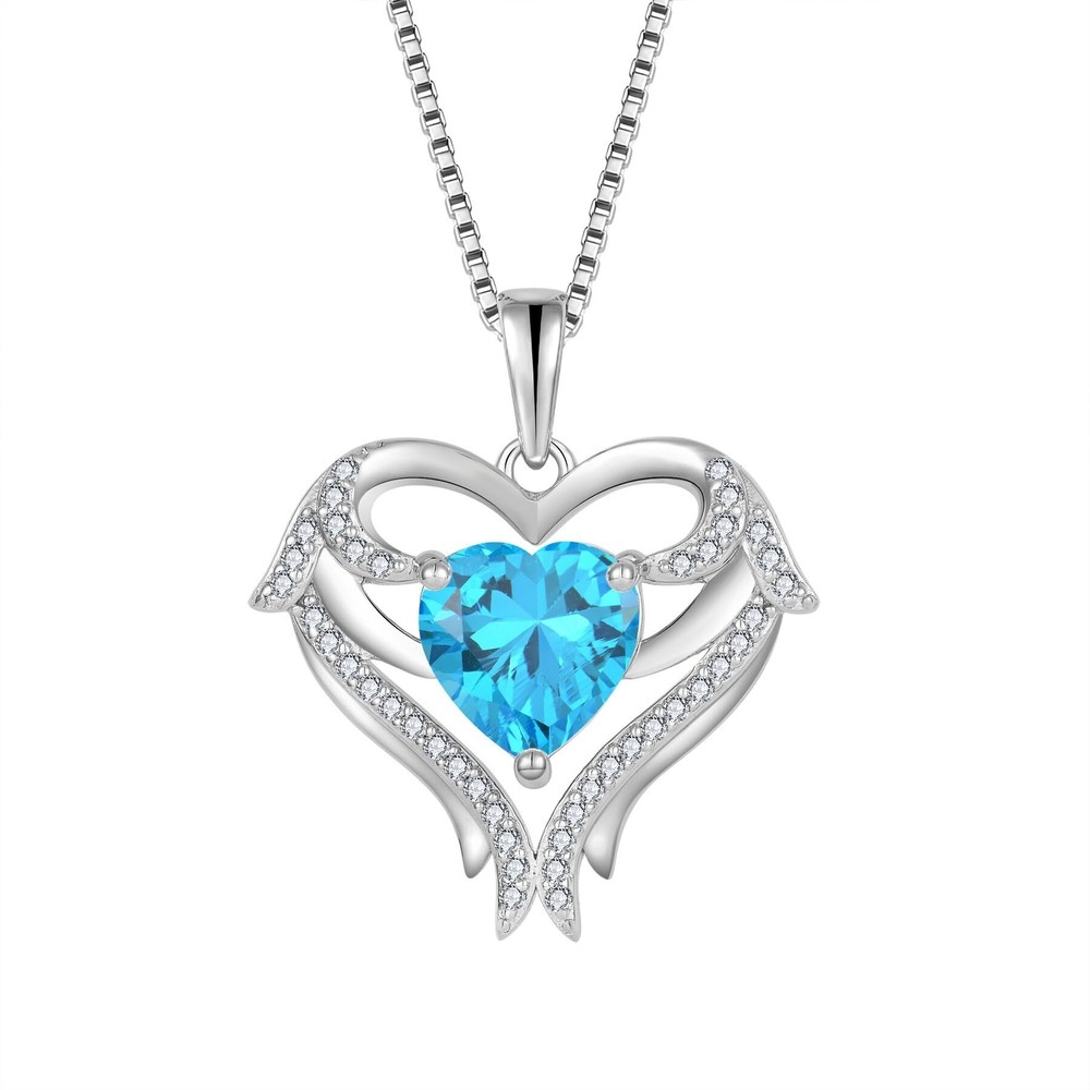 S925 Sterling Silver Angel Wings Necklace with Heart Pendant March Birthstone Jewelry Gift for Women