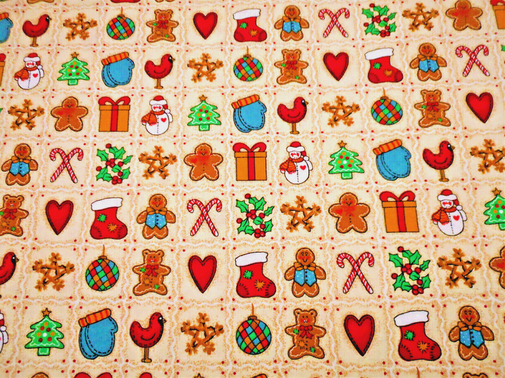 Christmas Fabric By Half-Yard Tree Holly Snowmen Gift Candy Patch Cotton 45 Vg C