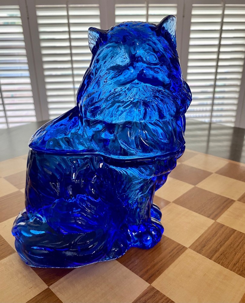 Vintage Cobalt Blue Pressed Glass Cat Candy Dish 7.5 Inches Tall Large Charming Collectible
