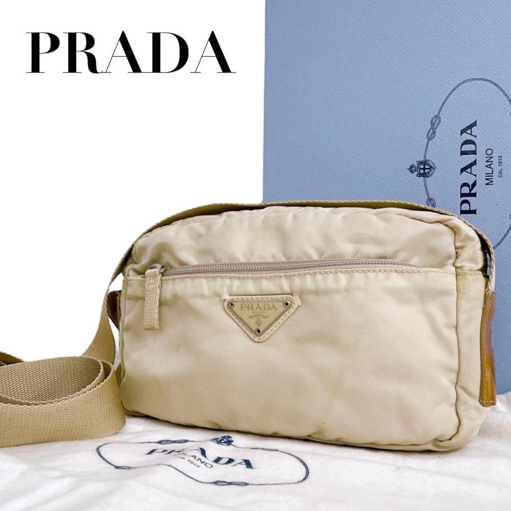 Prada Beige Nylon Triangle Logo Camera Shoulder Bag 4477