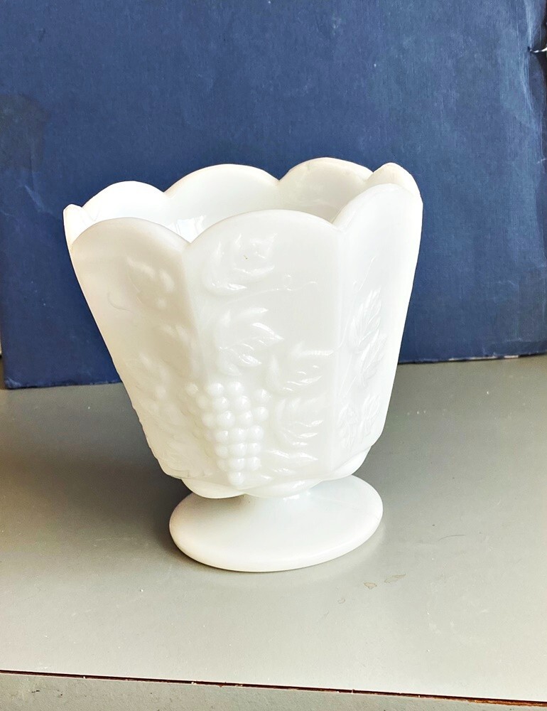 EO Brody Ohio Vintage Milk Glass Pedestal Urn with Grapes Leaves & Scallop Design