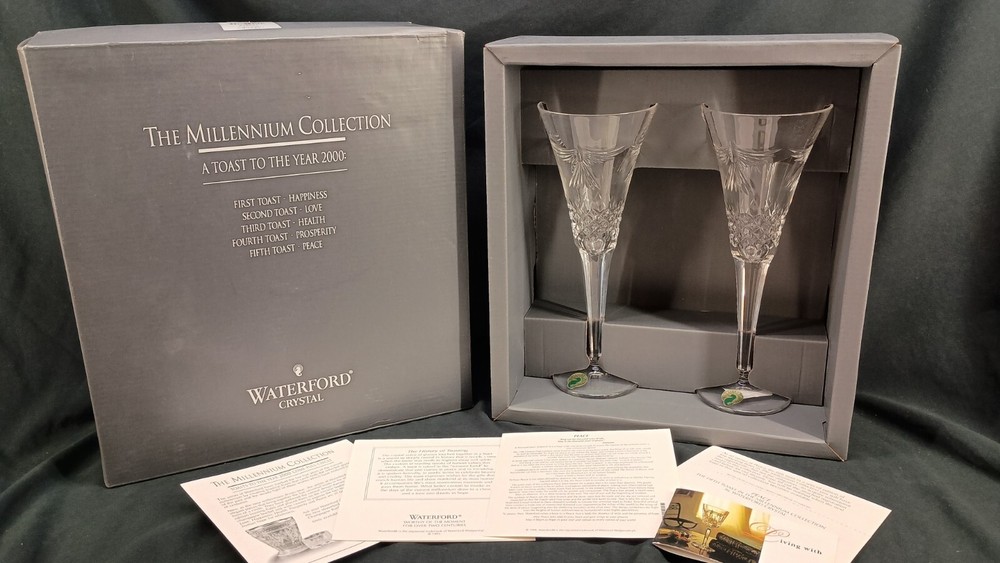 Waterford Crystal Millennium 2000 Toasting Flutes Pair “PEACE”  NIB