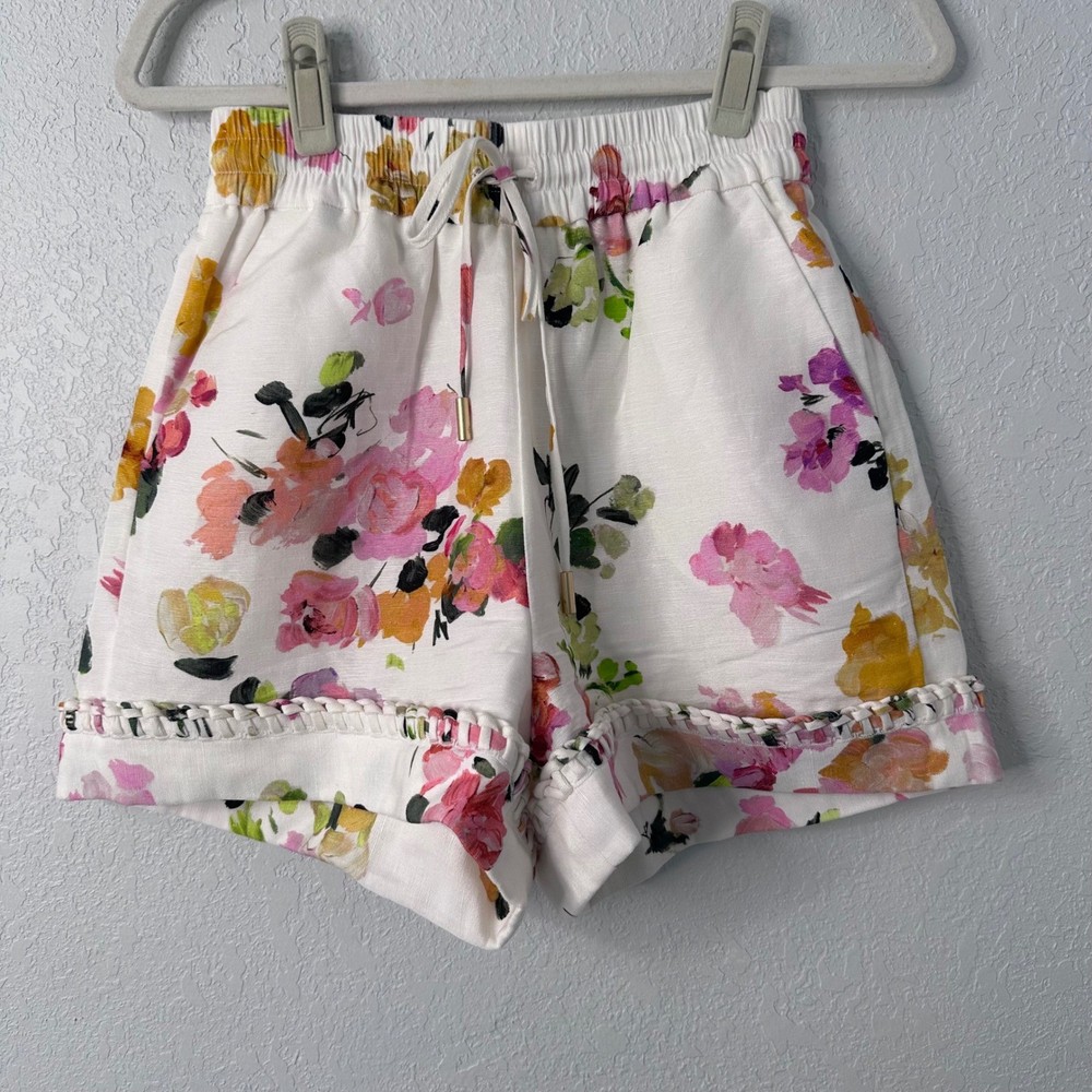 Aje White Floral Linen High Waisted Shorts with Braided Trim Size 6