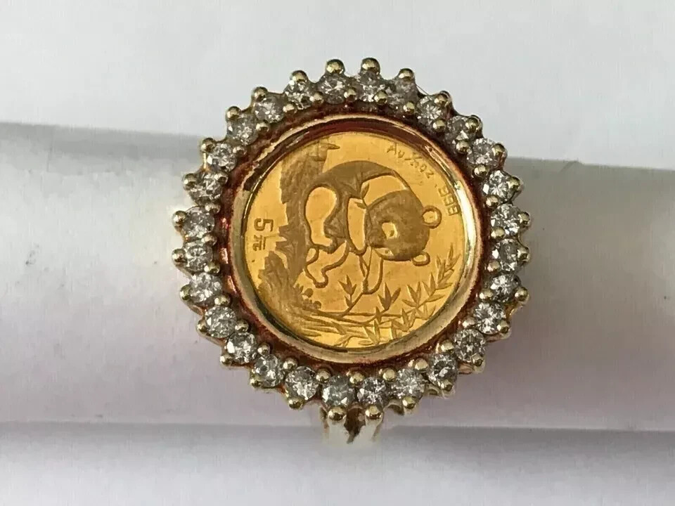 14K Yellow Gold Plated 1Ct Lab-Created Panda Bear Coin Ring