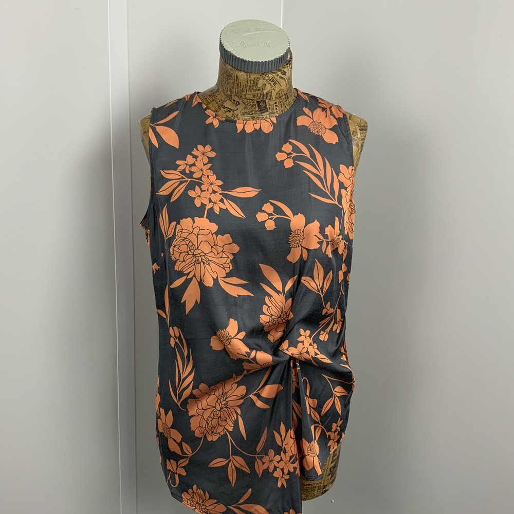 NEXT VEST TANK 8 Womens Grey Orange Floral Soft Finish Summer Top Asymmetrical