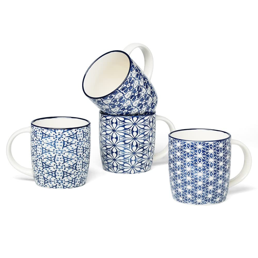 MACHUMA Set of 4 12 oz Coffee Mugs with Blue and White Geometric Patterns Cer...