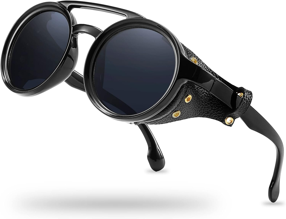 Steampunk Retro Sunglasses for Men and Women with Leather Side Shield
