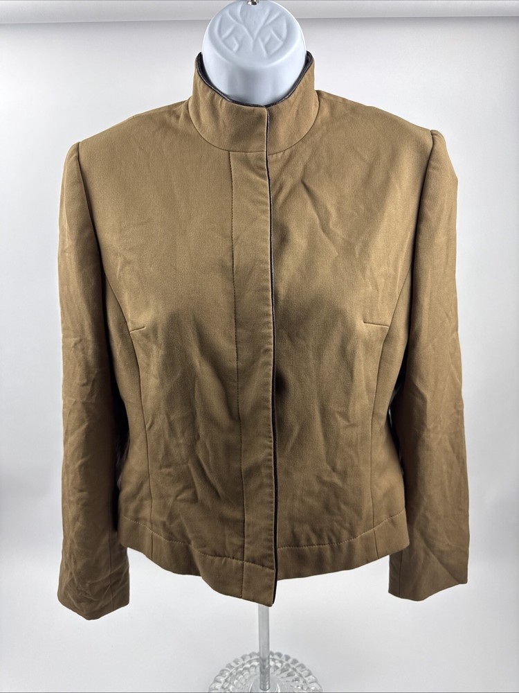 Ann Taylor Brown Blazer Hidden Buttons Size 2P Leather Piping