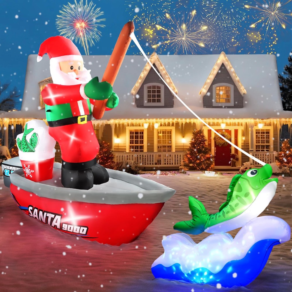 15FT Long Christmas Inflatables Fishing Santa Claus, Santa Inflatables Blow up Y