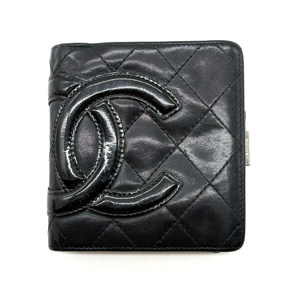 CHANEL Cambon CC Bifold Wallet Black Leather Coco Mark Authentic