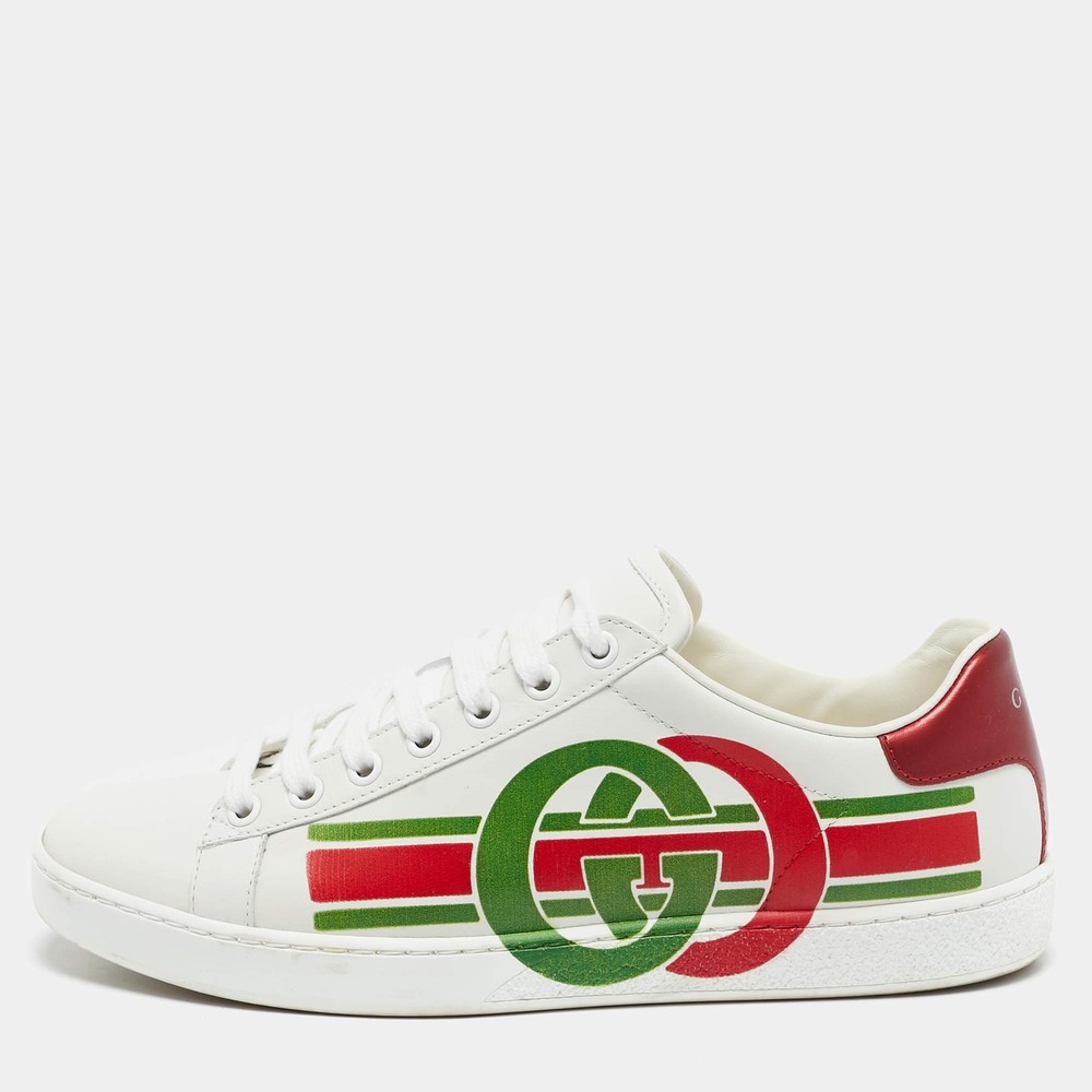 Gucci White Leather Interlocking G Ace Sneakers Size 375