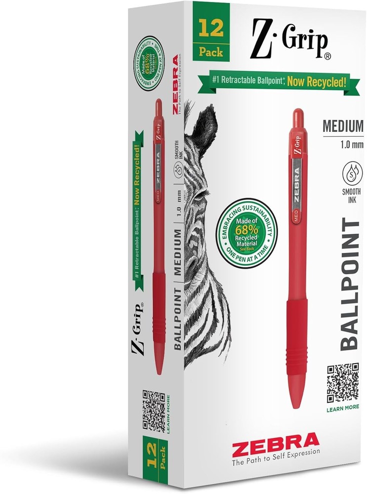 Zebra Pen Z-Grip Recycled Retractable Ballpoint Pens,1.0mm, Red Ink, Durable