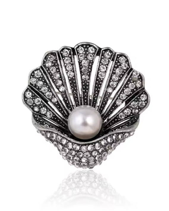 Rhinestone Pearl Shell Brooch Pin Black Ocean Jewelry Gift for Her
