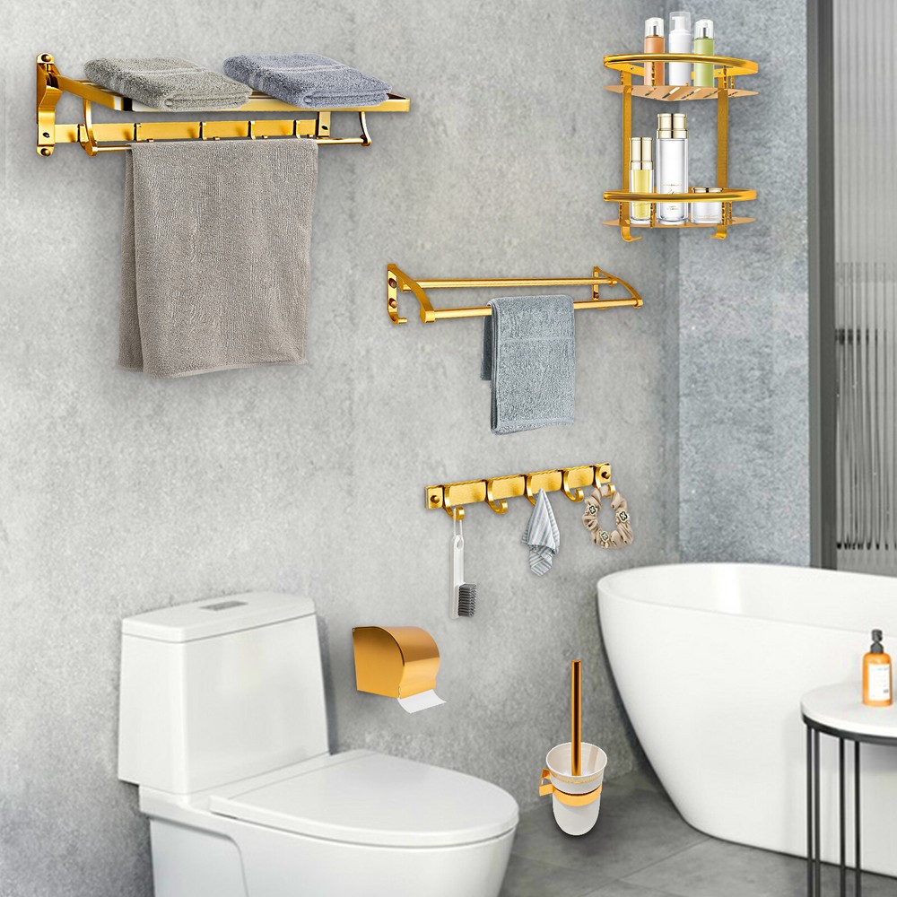 Wall Mount Bathroom Accessory Set with Toilet Brush Holder and Towel Rack