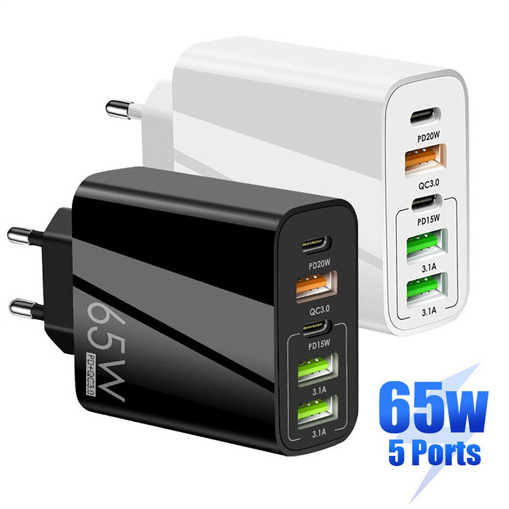 65W 5 Port USB-C USB PD QC 3.0 Fast Charger UK Plug Wall Charger- 2 Colours