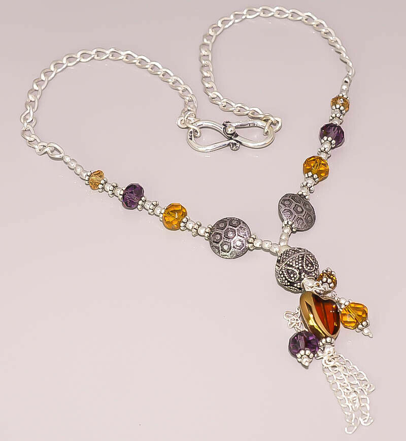 Yellow Citrine Amethyst Faceted Quartz Sterling Silver Plated Necklace  