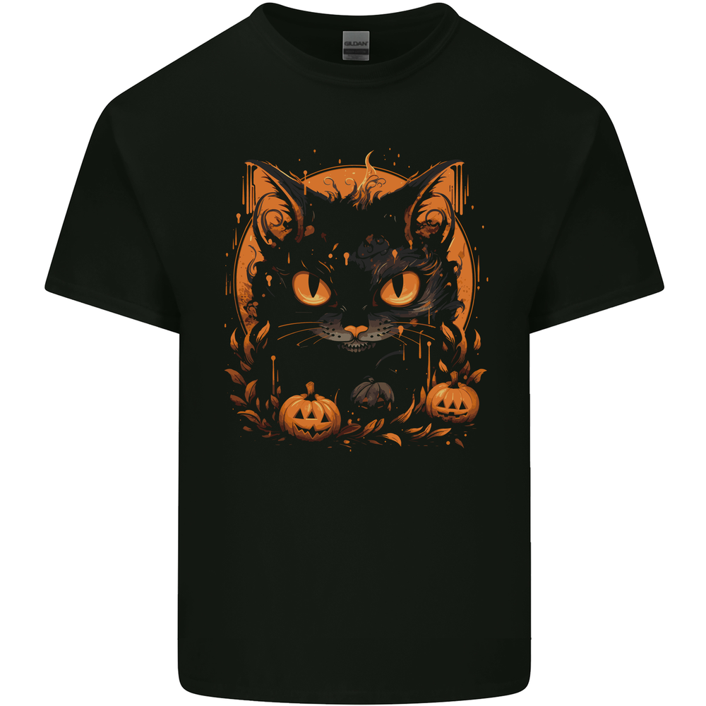 Halloween Cat With Pumpkins Mens Cotton T-Shirt Tee Top