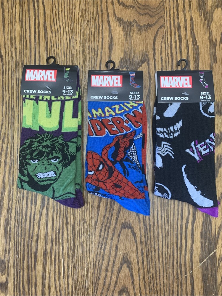 MARVEL , HULK, VENOM & SPIDER-MAN (3-pack Crew Socks Size 9-13 Adult