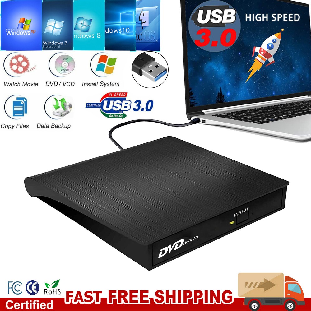 External USB 3.0 DVD RW CD ROM Writer Drive Burner Reader Player For Laptop PC