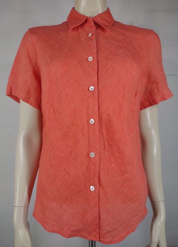 Talbots orange 100% Irish Linen short sleeve button front blouse shirt womens 12