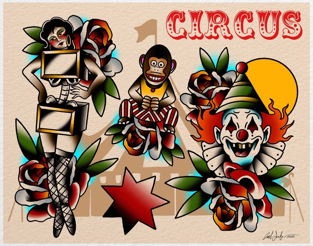 Vintage Circus American Traditional Tattoo Flash Art Print 11x14