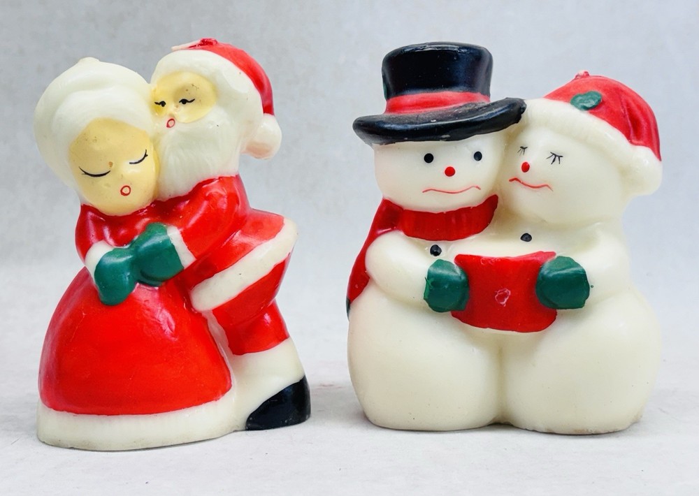 Vintage Santa Mrs Claus Snowman Mrs Snowman Candle Pair Unlit Holiday Decor