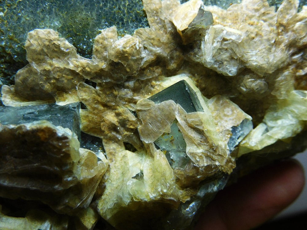 Hexagonal Blue Green Fluorite with Calcite Crystals from Mongolia 484g