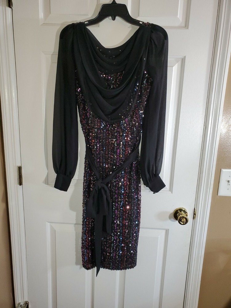 Badgley Mischka Black Belted Stripe and Sequined Tulle and Chiffon Dress Size 4