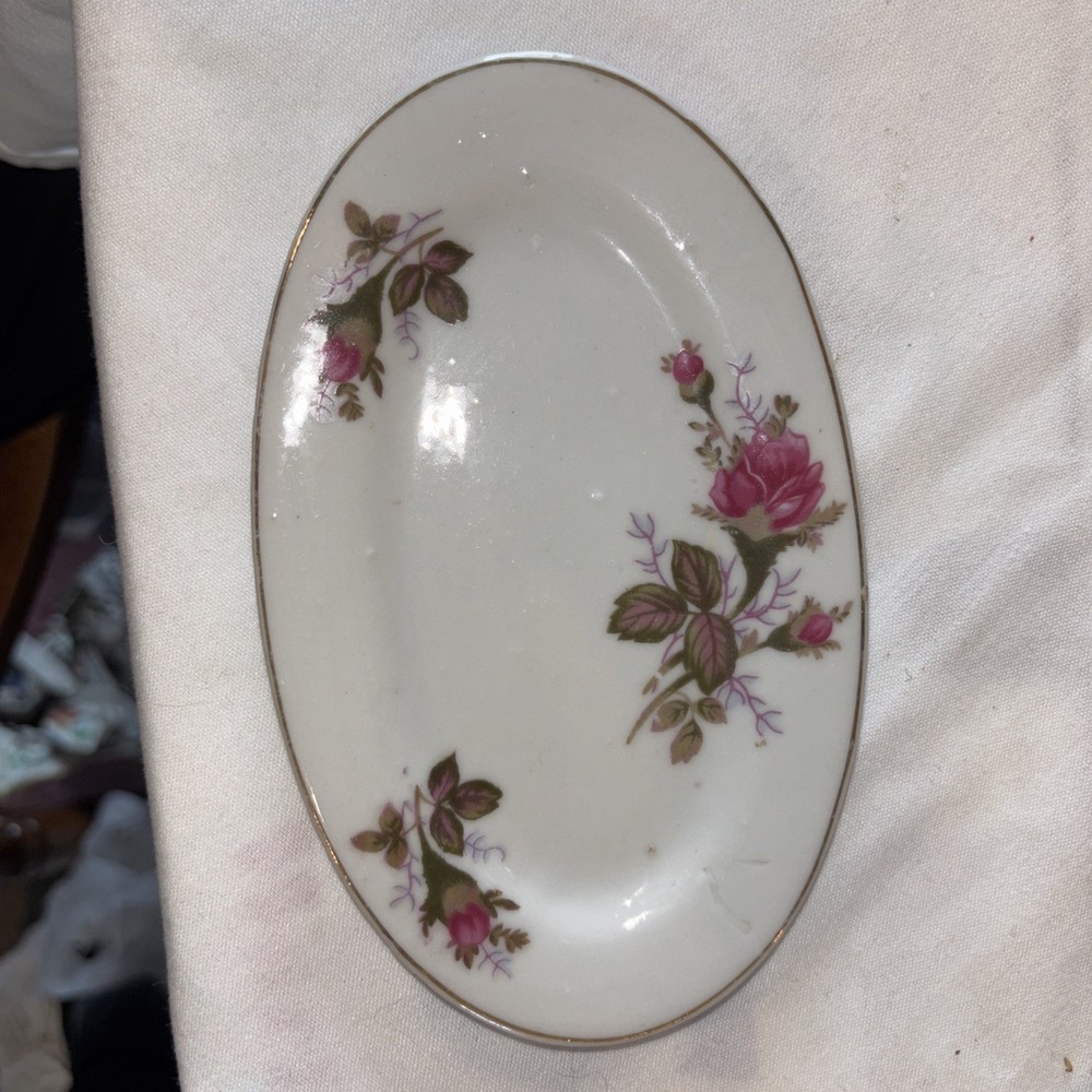 Butter Dish JAPAN Butter SERVING DISH RED ROSES  24K GOLD TRIM Vintage 4x7