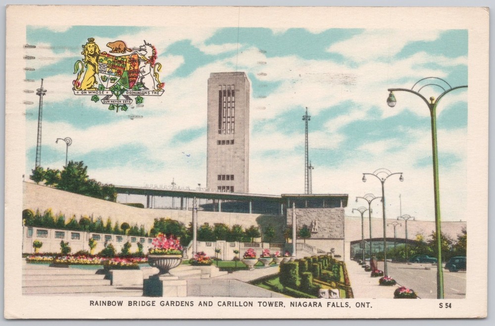 Niagara Falls Ontario Postcard with White Border Featuring Rainbow Bridge and Gardens